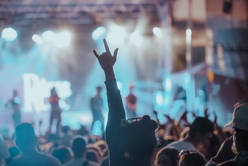 Person with hands in the air, enjoying a concert